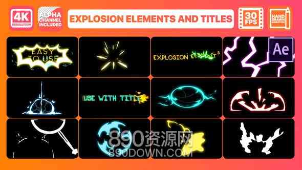 12个卡通能量爆炸电流元素+3个文字标题素材 AE脚本