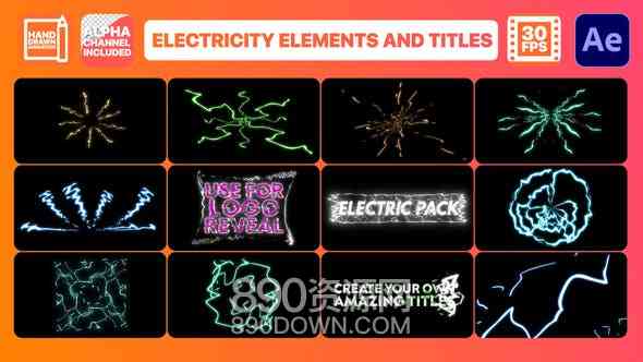 12个卡通能量电流元素+3个文字标题素材 AE脚本